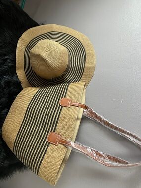 Straw Sun Hat and Beach Tote Set - Natural with Black Stripe